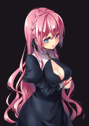 Rule 34 | 1girl, artist request, black background, black dress, black ribbon, blue eyes, blush, braid, breast hold, breasts, cleavage, cleavage cutout, clothing cutout, crown braid, dress, female focus, hair ribbon, image sample, long hair, long sleeves, looking at viewer, medium breasts, open mouth, pink hair, pixiv sample, puffy sleeves, ribbon, solo, standing