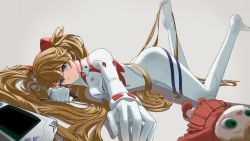 Rule 34 | 1girl, alternate hair length, alternate hairstyle, artist request, ass, blue eyes, bodysuit, breasts, brown hair, doll, evangelion: 3.0+1.0 thrice upon a time, eyepatch, unworn eyepatch, game console, grin, hair ornament, highres, lips, long hair, looking at viewer, looking to the side, medium breasts, neon genesis evangelion, pilot suit, plugsuit, rebuild of evangelion, shiny clothes, skin tight, smile, solo, souryuu asuka langley, toes, two side up, very long hair, white bodysuit, wide hips