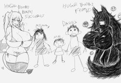 Rule 34 | 2boys, 3girls, bikini, breasts, child&#039;s drawing, cleavage, collarbone, copyright request, cube (huidama), demon girl, demon tail, doodle, english text, family, fellatio gesture, greyscale, hair over eyes, heart, heavy breathing, highres, huge breasts, micro bikini, monochrome, multiple boys, multiple girls, navel, pubic tattoo, skindentation, demon girl, swimsuit, tail, tattoo, thighhighs, tongue, tongue out