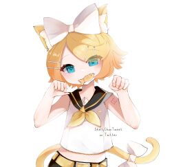 Rule 34 | 1girl, animal ear fluff, animal ears, aqua eyes, artist name, blonde hair, bow, cat ears, cat girl, cat tail, closed mouth, dot nose, fang, fish, frills, hair bow, hair ornament, hairclip, highres, kagamine rin, light blush, looking at viewer, ribbon, shirt, shoulder tattoo, simple background, skellychan, solo, tail, tattoo, twitter username, vocaloid, white background, white shirt