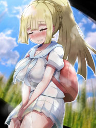Rule 34 | 1girl, alternate breast size, backpack, bag, between legs, blonde hair, blue sky, blunt bangs, blurry, blurry background, blush, braid, breasts, clenched teeth, closed eyes, cloud, collarbone, cowboy shot, creatures (company), crying, day, drooling, dutch angle, female focus, french braid, game freak, hand between legs, have to pee, highres, large breasts, lillie (pokemon), long hair, miniskirt, misahiro, nintendo, outdoors, outline, own hands together, pee, peeing, peeing self, pleated skirt, pokemon, pokemon sm, ponytail, saliva, shirt, short sleeves, sidelocks, skirt, sky, solo, standing, steam, sweat, tears, teeth, tree, v arms, wet, wet clothes, white outline, white shirt, white skirt