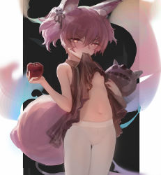 Rule 34 | 1girl, absurdres, animal ear fluff, animal ears, apple, areola slip, arknights, bare shoulders, breasts, brown dress, brown eyes, clothes in mouth, clothes lift, collared dress, commentary request, dress, dress in mouth, dress lift, fang, food, fruit, gluteal fold, groin, hair between eyes, half-closed eyes, heart, heart-shaped pupils, highres, holding, holding food, lifting own clothes, looking at viewer, mouth hold, navel, pantyhose, pink hair, red apple, shamare (arknights), sleeveless, sleeveless dress, small breasts, solo, stuffed animal, stuffed dog, stuffed toy, symbol-shaped pupils, thigh gap, twintails, white pantyhose
