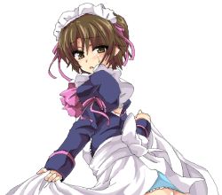 Rule 34 | 1boy, apron, ass, blush, bow, brown eyes, brown hair, crossdressing, juliet sleeves, little busters!, long sleeves, looking at viewer, maid, maid apron, maid headdress, male focus, masayu, naoe riki, pink bow, puffy long sleeves, puffy sleeves, ribbon, simple background, solo, trap, waist apron, white background