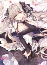 Rule 34 | 1girl, :d, azur lane, bare shoulders, between breasts, black dress, blush, breasts, cleavage, cowboy shot, dress, earrings, finger to mouth, floating hair, formidable (azur lane), frilled dress, frills, grey hair, hair ribbon, head tilt, jewelry, large breasts, long hair, long sleeves, looking at viewer, open mouth, petals, red eyes, ribbon, riichu, skirt hold, smile, solo, twintails, two-tone dress, very long hair