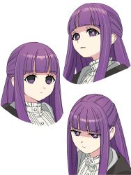 Rule 34 | 1girl, absurdres, blunt bangs, closed mouth, commentary request, cropped torso, empty eyes, expressions, fern (sousou no frieren), glaring, highres, kanipoposu, long hair, looking at viewer, multiple views, parted lips, portrait, purple eyes, purple hair, sidelocks, simple background, sousou no frieren, straight hair, white background