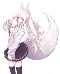 Rule 34 | 1girl, absurdres, animal ear fluff, animal ears, black skirt, black thighhighs, blush, breasts, brown eyes, buran (kure), cleavage, clip studio paint (medium), closed mouth, collared shirt, commentary request, dress shirt, fox ears, fox girl, fox tail, hand up, high ponytail, highres, long hair, long sleeves, looking at viewer, medium breasts, no bra, open clothes, open shirt, original, pleated skirt, ponytail, shirt, sidelocks, simple background, skirt, sleeves past wrists, solo, tail, thighhighs, very long hair, white background, white hair, white shirt