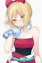 Rule 34 | 1girl, bad id, bad twitter id, blonde hair, blue eyes, bracelet, breasts, collar, collarbone, commentary request, creatures (company), eyelashes, game freak, hairband, hand up, highres, irida (pokemon), jewelry, looking down, nintendo, parted lips, pokemon, pokemon legends: arceus, red hairband, red shirt, ririmon, sash, shirt, short hair, simple background, solo, strapless, strapless shirt, sweat, upper body, white background