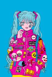 Rule 34 | 1girl, alternate costume, aqua eyes, aqua hair, bad id, bad twitter id, blue background, dddddestroy, hand in pocket, hatsune miku, highres, jacket, karakuri pierrot (vocaloid), long hair, long sleeves, looking at viewer, open mouth, pink jacket, print jacket, raspberry monster (vocaloid), simple background, smile, solo, twintails, upper body, vocaloid