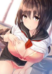 Rule 34 | 1girl, :o, bow, bow bra, bow panties, bra, breasts, brown eyes, brown hair, cleavage, clothes lift, foreshortening, hand on own chest, hand on own thigh, highres, indoors, large breasts, leaning forward, liya, long hair, looking at viewer, navel, neckerchief, open mouth, original, panties, pink bra, pink panties, school uniform, shirt lift, skirt, skirt lift, solo, thighs, underwear, window