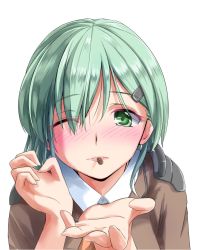 Rule 34 | 10s, 1girl, brown jacket, collared shirt, eyebrows, eyes visible through hair, food, green eyes, green hair, hair ornament, hairclip, hand out, highres, jacket, kantai collection, leaning forward, lips, long hair, looking at viewer, maimu (gol-em-1226), matching hair/eyes, necktie, one eye closed, pocky, pocky kiss, reaching, reaching towards viewer, shared food, shirt, simple background, solo, suzuya (kancolle), white background, white shirt