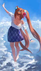 Rule 34 | 1girl, :d, absurdres, animal ears, awei (aweirua), bare legs, barefoot, blue skirt, blue sky, blush, bra strap, breasts, brown hair, cleavage, closed eyes, daiwa scarlet (umamusume), day, frilled shirt, frills, full body, hair intakes, highres, horse ears, horse girl, horse tail, large breasts, leaning back, lens flare, long hair, medium skirt, off-shoulder shirt, off shoulder, open mouth, outdoors, outstretched arms, plaid, plaid skirt, shirt, short sleeves, skirt, sky, smile, solo, tail, tiara, twintails, umamusume, very long hair, wading, water, white shirt