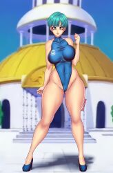 Rule 34 | 1girl, alternate breast size, aqua eyes, aqua hair, bare legs, bare shoulders, bemannico, blue eyes, blue hair, blue one-piece swimsuit, breasts, breasts squeezed together, bulma, cameltoe, curvy, day, dragon ball, dragonball z, earrings, full body, highleg, highleg swimsuit, highres, hoop earrings, jewelry, large breasts, looking at viewer, one-piece swimsuit, shiny skin, short hair, skindentation, sky, smile, standing, swimsuit, thick thighs, thighs, thong one-piece swimsuit, wide hips