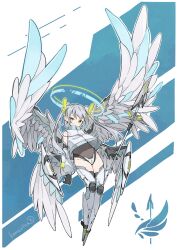Rule 34 | 1girl, absurdres, angel, angel wings, armored boots, arms at sides, black gloves, black leotard, black thighhighs, blue background, blue halo, blue wings, boots, bright pupils, commentary, covered navel, detached sleeves, elbow gloves, feathered wings, full body, gloves, green eyes, green halo, grey hair, grey wings, halo, highres, komerina, large wings, leotard, looking at viewer, multiple wings, original, polearm, shirt, sidelocks, simple background, sleeveless, sleeveless shirt, smile, solo, thighhighs, twintails, weapon, white background, white shirt, wings
