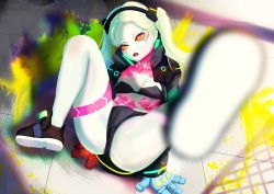 Rule 34 | 1girl, arm support, ass, black jacket, black panties, cameltoe, colored sclera, colored skin, cyberpunk (series), cyberpunk edgerunners, floor, green hair, highres, jacket, leg tattoo, leg up, long hair, long sleeves, looking at viewer, lying, panties, rancid ronin, rebecca (cyberpunk), red eyes, red sclera, solo, tattoo, thighs, thong, twintails, two-tone background, underwear, white background, white skin, wide hips