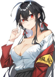 Rule 34 | 1girl, absurdres, armband, azur lane, bare shoulders, black hair, breasts, button gap, cleavage, highres, jacket, large breasts, long hair, looking at viewer, official alternate costume, open clothes, open jacket, partially unbuttoned, red eyes, red jacket, round eyewear, school uniform, shirt tucked in, simple background, solo, soranoki, taihou (azur lane), taihou (sweet time after school) (azur lane), white background, yellow armband