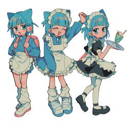 Rule 34 | 1girl, ^ ^, animal ears, apron, arm up, backpack, bag, black dress, black footwear, blue eyes, blue hair, blue jacket, blue shorts, blue skirt, blunt bangs, cat ears, cherry, closed eyes, closed mouth, dress, drinking straw, fang, food, frilled apron, frilled dress, frilled skirt, frills, fruit, full body, hand up, highres, holding, holding strap, holding tray, ice cream, ice cream float, jacket, jersey maid, kneehighs, long sleeves, looking at viewer, looking to the side, loose socks, maid, maid apron, maid headdress, mary janes, medium hair, multiple views, open mouth, original, pantyhose, puffy short sleeves, puffy sleeves, raised fist, shoes, short sleeves, shorts, simple background, skirt, smile, sneakers, socks, standing, tray, two side up, umipi, unconventional maid, uwabaki, waist apron, white apron, white background, white footwear, white pantyhose, white socks, zipper pull tab