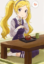 Rule 34 | 10s, 1girl, :t, blonde hair, blush, bowl, chopsticks, cup, dress, eating, emily stewart, hairband, hand on own cheek, hand on own face, heart, idolmaster, idolmaster million live!, long hair, looking at viewer, nasuna, purple eyes, seiza, sitting, smile, solo, spoken heart, table, tea, tray, twintails