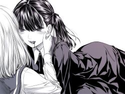 Rule 34 | 2girls, black dress, blood, blood from mouth, blush, collared shirt, commentary request, dress, fangs, greyscale, hand on another&#039;s face, long hair, looking at another, medium hair, monochrome, multiple girls, open mouth, original, sailor collar, shirt, takekawa shin, twintails, vampire, yuri