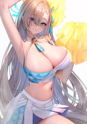 Rule 34 | 1girl, asuna (blue archive), asymmetrical bangs, bare shoulders, blue archive, blue eyes, blush, bouncing breasts, breasts, character name, cheerleader, cleavage, cosplay, crop top, detached collar, english text, grin, hair over one eye, halo, halterneck, head tilt, hibiki (blue archive), highres, holding, holding pom poms, large breasts, light brown hair, long hair, looking at viewer, midriff, miniskirt, mochimochi dando, mole, mole on breast, motion lines, navel, pleated skirt, pom pom (cheerleading), pom poms, simple background, skirt, smile, solo, sweat, very long hair, white background