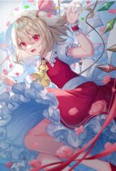 Rule 34 | 1girl, :d, absurdres, ascot, blonde hair, blurry, blush, depth of field, dress, dutch angle, feet out of frame, flandre scarlet, flat chest, hair between eyes, happy, highres, medium hair, no headwear, one side up, open mouth, petticoat, pink eyes, puffy short sleeves, puffy sleeves, red dress, see-through, short sleeves, smile, solo, toku kekakewanko, touhou, veil, yellow ascot