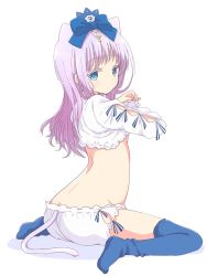 Rule 34 | 1girl, animal ears, aqua eyes, back, blue bodysuit, blue thighhighs, bodysuit, bow, cat ears, cat tail, closed mouth, commentary, crescent, crescent hair ornament, crop top, from behind, full body, hair bow, hair ornament, highres, kemonomimi mode, light purple hair, long hair, long sleeves, looking at viewer, looking back, mel (melty pot), pajamas, paw print, sengoku kamuri, shirt, shorts, side-tie shorts, simple background, sitting, slow start, solo, star (symbol), star hair ornament, tail, thighhighs, wariza, white background, white shirt, white shorts