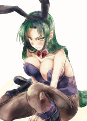 Rule 34 | 1girl, animal ears, bare shoulders, black footwear, boots, bow, bowtie, breasts, cross-laced footwear, detached collar, fake animal ears, green hair, hairband, knee boots, lace-up boots, large breasts, leotard, long hair, mima (touhou), pantyhose, playboy bunny, rabbit ears, red bow, red bowtie, scowl, solo, touhou, touhou (pc-98), v-shaped eyebrows, yohane