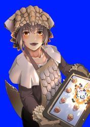 Rule 34 | 1girl, apron, bad food, bazelgeuse, blue background, blush, brown eyes, brown gloves, capelet, cent u, collarbone, commentary request, explosion, food, gloves, grey hair, headdress, highres, holding, holding tray, long sleeves, looking at viewer, monster hunter, monster hunter: world, monster hunter (series), open mouth, pants, personification, scales, shirt, short hair, simple background, smile, solo, tail, teeth, tray, upper body