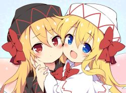 Rule 34 | 2girls, baku-p, black capelet, black dress, black headwear, blonde hair, blue eyes, blush, capelet, closed mouth, dress, dual persona, fairy, fairy wings, hair between eyes, hat, lily black, lily white, long hair, long sleeves, multiple girls, open mouth, red eyes, smile, touhou, upper body, white capelet, white dress, white headwear, wings