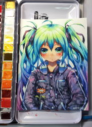 Rule 34 | 1girl, :o, ahoge, aqua hair, art tools in frame, artist name, black ribbon, blue eyes, blue hair, blush, buttons, cable, emperpep, flower, gradient hair, hair ribbon, hands in pocket, hatsune miku, headphones, headphones around neck, jacket, japanese clothes, long hair, long sleeves, looking at viewer, matching hair/eyes, multicolored hair, orange flower, painting (medium), parted lips, photo (medium), pocket, purple hair, purple jacket, ribbon, smiley face, solo, tareme, traditional media, twintails, upper body, very long hair, vocaloid, watercolor (medium)