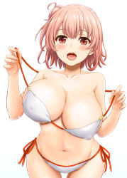 Rule 34 | 1girl, :d, bare shoulders, bikini, blush, breast lift, breasts, collarbone, commentary request, covered erect nipples, cowboy shot, hair bun, highres, huge breasts, inanaki shiki, looking at viewer, navel, open mouth, orange eyes, orange hair, pulling own clothes, red ribbon, ribbon, short hair, side-tie bikini bottom, simple background, single hair bun, smile, solo, standing, stomach, strap pull, swimsuit, tareme, teeth, unaligned breasts, upper teeth only, white background, white bikini, yahari ore no seishun lovecome wa machigatteiru., yuigahama yui