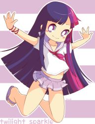 Rule 34 | 1girl, blunt bangs, bracelet, character name, chibi, jewelry, jumping, long hair, miniskirt, multicolored hair, my little pony, my little pony: friendship is magic, ouo, outstretched arms, personification, purple skirt, sailor collar, sandals, school uniform, serafuku, skirt, smile, solo, spread arms, streaked hair, striped, striped background, twilight sparkle