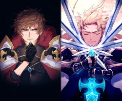 Rule 34 | 2boys, armor, black gloves, blonde hair, brown eyes, brown hair, cape, closed eyes, closed mouth, conqueror of the eternals, gauntlets, gloves, gran (granblue fantasy), granblue fantasy, holding, holding jewelry, holding ring, holding sword, holding weapon, jewelry, male focus, multiple boys, multiple swords, official alternate costume, ring, seofon (granblue fantasy), short hair, smile, sword, upper body, waldtrad, weapon, white cape