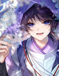 Rule 34 | 1boy, bishounen, eyeshadow, genshin impact, highres, japanese clothes, looking at viewer, makeup, male focus, open mouth, red eyeshadow, scaramouche (genshin impact), scaramouche (kabukimono) (genshin impact), short hair, smile, solo, veil, yin01582942