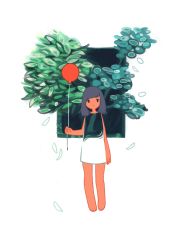 Rule 34 | 1girl, balloon, barefoot, black hair, dress, expressionless, highres, holding, holding balloon, leaf, looking at viewer, medium hair, no nose, original, plant, print dress, sizucomaru, solo, swept bangs
