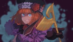 Rule 34 | 1girl, absurdres, akerohoshi, blue eyes, blurry, blurry background, brown gloves, character request, dress, flower, frills, gloves, hair between eyes, hat, hat flower, highres, holding, looking at viewer, parted lips, pointing, pointing at viewer, purple dress, red flower, shaded face, short hair, simple background, smile, solo, teeth, umineko no naku koro ni, upper body