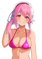 Rule 34 | 1girl, aqua hair, bad id, bad twitter id, bikini, blush, breasts, cleavage, headphones, highres, large breasts, long hair, looking at viewer, multicolored hair, natuichnyatuich, nitroplus, pink bikini, pink hair, ponytail, red eyes, smile, solo, super sonico, swimsuit, two-tone hair, upper body