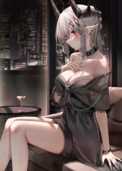 Rule 34 | 1girl, arknights, bare legs, bare shoulders, black choker, black dress, black nails, blush, breasts, choker, city, cleavage, commentary request, cup, dress, drinking glass, feet out of frame, hand on own chest, horns, indoors, infection monitor (arknights), large breasts, mudrock (arknights), nail polish, night, off-shoulder dress, off shoulder, pointy ears, red eyes, ru zhai, short dress, short hair, short sleeves, sidelocks, silver hair, sitting, solo, thighs, wine glass