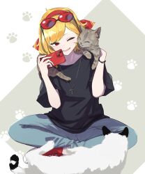 Rule 34 | absurdres, animal, animal on shoulder, black shirt, blonde hair, blue pants, cat, cat on shoulder, cellphone, denim, futomoy, headband, highres, holding, holding phone, hololive, hololive indonesia, jeans, jewelry, kaela kovalskia, medium hair, necklace, one eye closed, pants, parted bangs, phone, red eyes, red footwear, red headband, shirt, shoes, sitting, smartphone, smile, sneakers, sunglasses, virtual youtuber