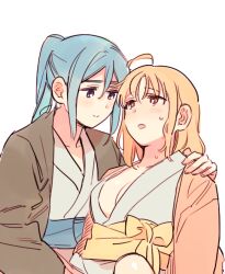 Rule 34 | 2girls, ahoge, blue hair, blue kimono, breasts, brown jacket, cleavage, closed mouth, commentary request, implied fingering, jacket, japanese clothes, kimono, korean commentary, long hair, looking at another, love live!, love live! sunshine!!, matsuura kanan, medium breasts, medium hair, multiple girls, obi, open mouth, orange eyes, orange hair, orange jacket, pito (sh02327), ponytail, sash, simple background, smile, sweat, takami chika, upper body, white background, yuri