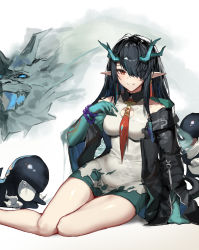 Rule 34 | 1girl, absurdres, antlers, arknights, bare shoulders, bead bracelet, beads, black hair, bracelet, breasts, collar, collared dress, dragon, dragon girl, dragon horns, dress, dusk (arknights), elbow gloves, gloves, hair over one eye, highres, horns, jacket, jewelry, legs, molyb, necktie, one eye covered, pointy ears, red eyes, red necktie, shiny skin, smile, solo, swept bangs, thighs, torn clothes, torn necktie