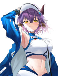 Rule 34 | 1girl, arknights, arm up, armpits, bikini, blue jacket, commentary request, crop top, highres, horns, jacket, long sleeves, looking at viewer, navel, official alternate costume, purple hair, raramente, short hair, sideroca (arknights), sideroca (light breeze) (arknights), smile, solo, stomach, swimsuit, upper body, visor cap, white bikini, yellow eyes