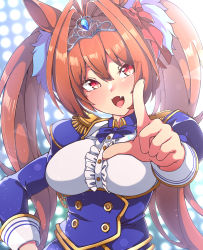 Rule 34 | 1girl, :d, ahoge, animal ears, blue jacket, blue skirt, blush, bow, breasts, brown hair, buttons, center frills, daiwa scarlet (umamusume), epaulettes, framed breasts, frills, garter straps, gokuu (acoloredpencil), hair intakes, hand on own hip, highres, horse ears, horse girl, horse tail, index finger raised, jacket, large breasts, long hair, looking at viewer, open mouth, overskirt, pointing, pointing at viewer, red eyes, skirt, skis, smile, solo, standing, tail, thighhighs, tiara, twintails, umamusume, underbust, very long hair, white skirt
