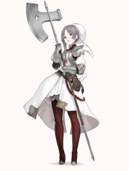 Rule 34 | 1girl, armor, asymmetrical bangs, belt, belt pouch, boots, breastplate, dress, full body, gauntlets, grey eyes, grey hair, highres, holding, holding polearm, holding weapon, km yama, original, polearm, pouch, shoulder armor, solo, standing, thigh boots, weapon, white dress