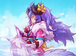 Rule 34 | 1girl, 2020, ahoge, artist name, brown gloves, curled horns, day, eating, flower, food, from side, fur trim, gloves, hair between eyes, hair flower, hair ornament, holding, holding food, horns, japanese clothes, kimono, kindred (league of legends), lamb (league of legends), league of legends, long hair, outdoors, pink kimono, short sleeves, spirit blossom (league of legends), spirit blossom kindred, vmat, wolf (league of legends), yellow flower