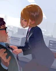 Rule 34 | 1boy, 1girl, blonde hair, blue jacket, blue skirt, blush, brown hair, business suit, closed eyes, closed mouth, collared shirt, desk, formal, glasses, grey jacket, highres, holding, indoors, jacket, monitor, necktie, office, office lady, original, pantyhose, parted lips, pencil skirt, purple necktie, shirt, short hair, sitting, skirt, some1else45, standing, striped necktie, suit, sweat, white shirt