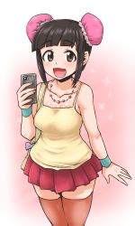 Rule 34 | 10s, 1girl, :d, bag, black hair, blunt bangs, blush, breasts, brown eyes, bun cover, camisole, cellphone, double bun, eyebrows, hair bun, highres, idolmaster, idolmaster cinderella girls, jewelry, looking at viewer, miniskirt, necklace, open mouth, orange thighhighs, phone, short hair, shoulder bag, skirt, smartphone, smile, solo, tareme, thick eyebrows, thighhighs, tobatoinu, wristband, yao fueifuei