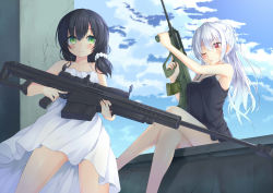 Rule 34 | 2girls, ;p, anti-materiel rifle, assault rifle, barrett m82, black dress, black hair, brown eyes, bullpup, collarbone, crossed legs, day, dress, east01 06, green eyes, gun, highres, holding, holding gun, holding weapon, long hair, looking at viewer, multiple girls, one eye closed, original, ponytail, rifle, scope, smile, sniper, sniper rifle, steyr aug, sundress, tongue, tongue out, trigger discipline, vertical forward grip, weapon, white dress, white hair