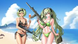 Rule 34 | 2girls, absurdres, ahomushi994, assault rifle, battlefield (series), battlefield 3, bikini, black bikini, breasts, bullpup, chameleon, earphones, girls&#039; frontline, green bikini, green eyes, green hair, gun, highres, kh-2002, kh2002 (girls&#039; frontline), large breasts, long hair, magal (girls&#039; frontline), medium breasts, multiple girls, rifle, self-upload, short hair, swimsuit, twintails, weapon, yellow eyes