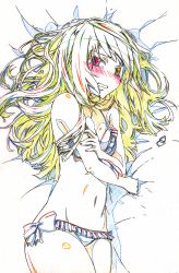 Rule 34 | 10s, 1girl, bed, bikini, blush, color trace, embarrassed, eyepatch, eyepatch lift, face, flat chest, heterochromia, highres, infinite stratos, laura bodewig, long hair, lying, navel, on side, open mouth, partially colored, production art, solo, swimsuit, tears, yataneko (echigo)