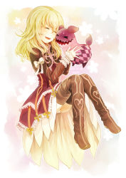 Rule 34 | &gt; &lt;, ^ ^, anina, black legwear, blonde hair, boots, bow, closed eyes, creature, cropped jacket, dress, elize lutus, closed eyes, frills, full body, happy, long hair, open mouth, panties, pantyshot, ribbon, sitting, tales of (series), tales of xillia, teepo (tales), thigh boots, thighhighs, underwear, white panties